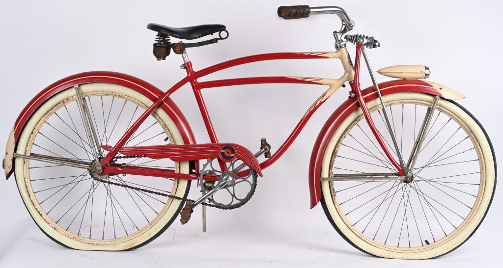 1940s BF GOODRICH MENS BICYCLE: All original and in wonderful condition. Has headlight on fender. Nice red and white paint. 70" Excellent