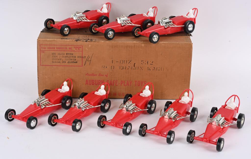 AUBURN RUBBER FACTORY CASE OF 8 DRAGON DRAGSTERS: Original Factory Case with 8 Dragon Dragsters. New Old Stock. Each Dragster measures 9" case measures 18" Excellent