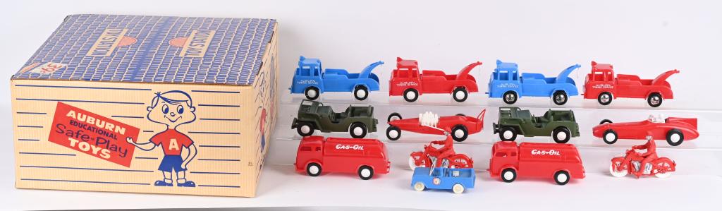 AUBRUN RUBBER STORE DISPLAY w/ VEHICLES w/ BOX: Outstanding Auburn Rubber "Point of Purchase Store Display". Display is New Old Stock and FULL of Toys. Includes Motorcycles, Tow Trucks, Dragsters, Jeeps, Race Cars, and More. 35 Toys Total. Comes in