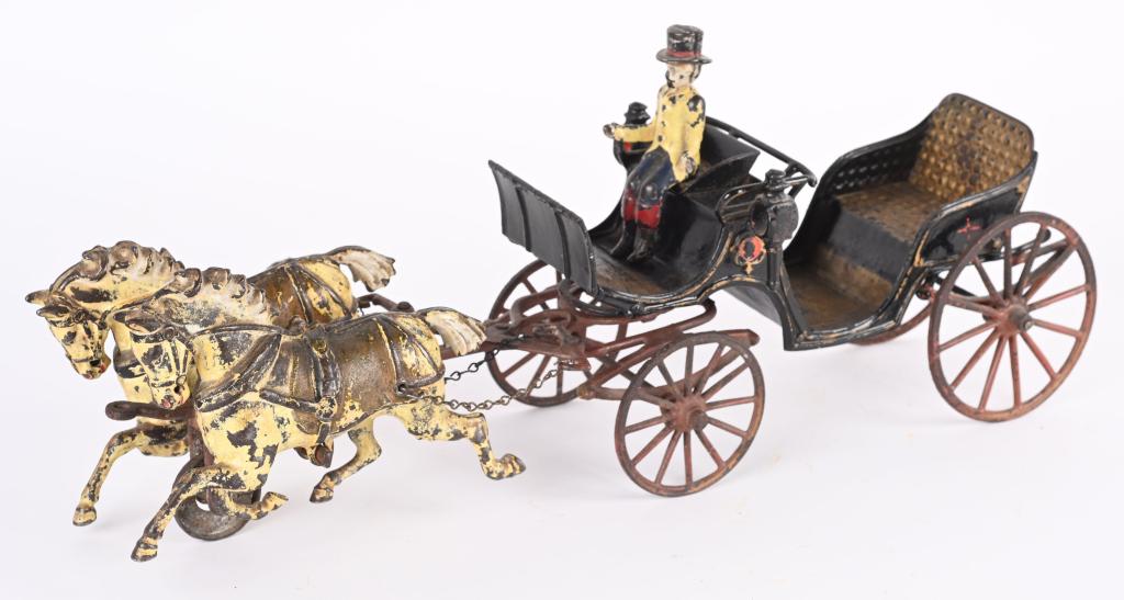 PRATT & LETCHWORTH CAST IRON BAROUCHE CARRIAGE: Elegant all original cast iron Pratt & Letchworth Barouche Carriage . Delicate very detailed castings, the carriage is pulled by 2 horses with a coachman at the reins. No cracks or breaks. 17 1/2" lon