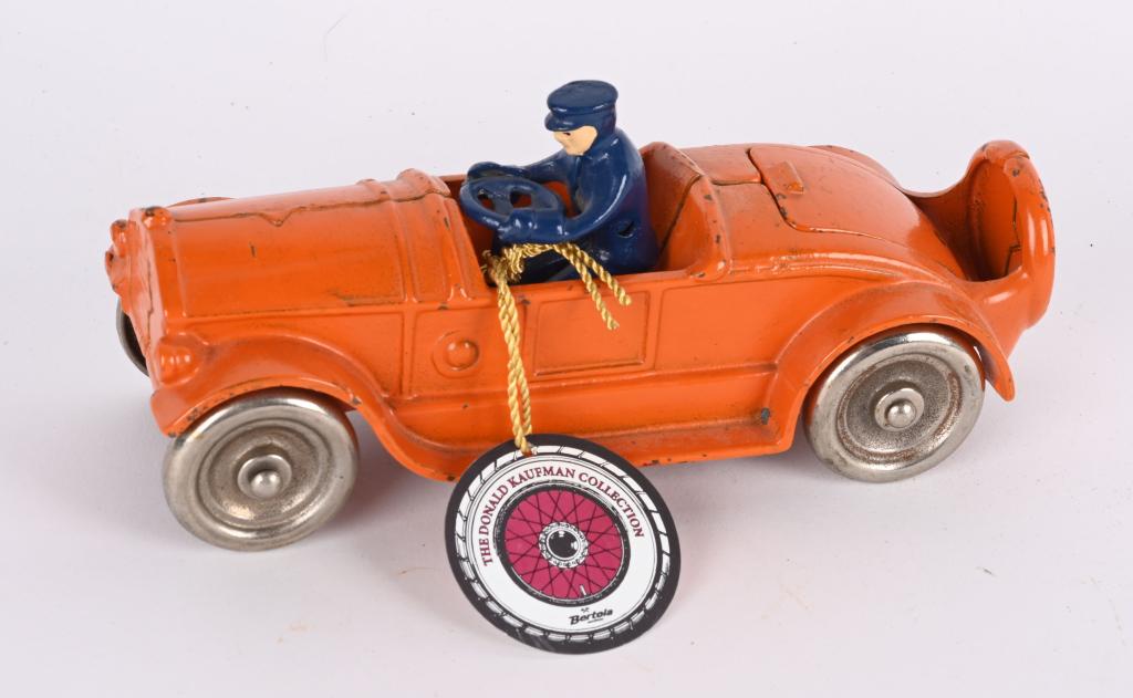 KILGORE CAST IRON RUMBLE SEAT ROADSTER w/ DRIVER: Very nice all original large size 1920's Kilgore sport roadster The toy features opening rumble seat, and nickel plated and wheels. The driver is not original the toy and presents well. Provenance Don