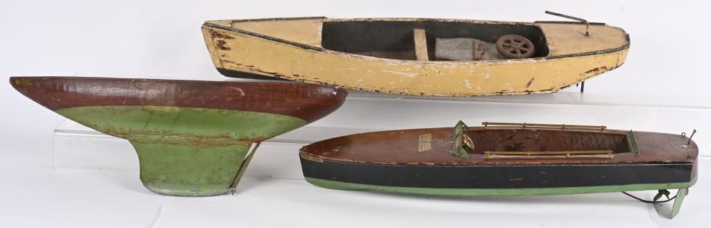 3- VINTAGE TOY BOATS: All original and large scale. One has loose clockwork motor. Sail Boat is missing mast. Largest 30" Very Good