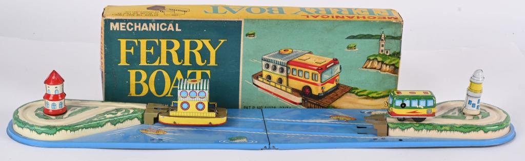 JAPAN TIN WINDUP FERRY BOAT w/ BOX: All original and complete with Ferry Boat, Bus, and Track with Light Houses. Boxed 16" Excellent