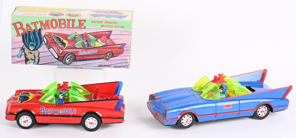 2- VINTAGE BATTERY OP TIN BATMOBILES: includes Taiwan battery operated batmobile with Box. Plus Japan battery operated Batmobile missing rear stacks. Largest 12" Very Good-Excellent
