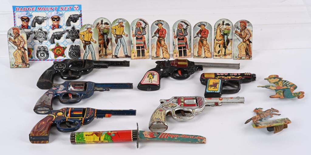 COWBOY TOY LOT: Includes Cowboy Guns, Clickers, Badges, Tin Figures, and More. AS-IS