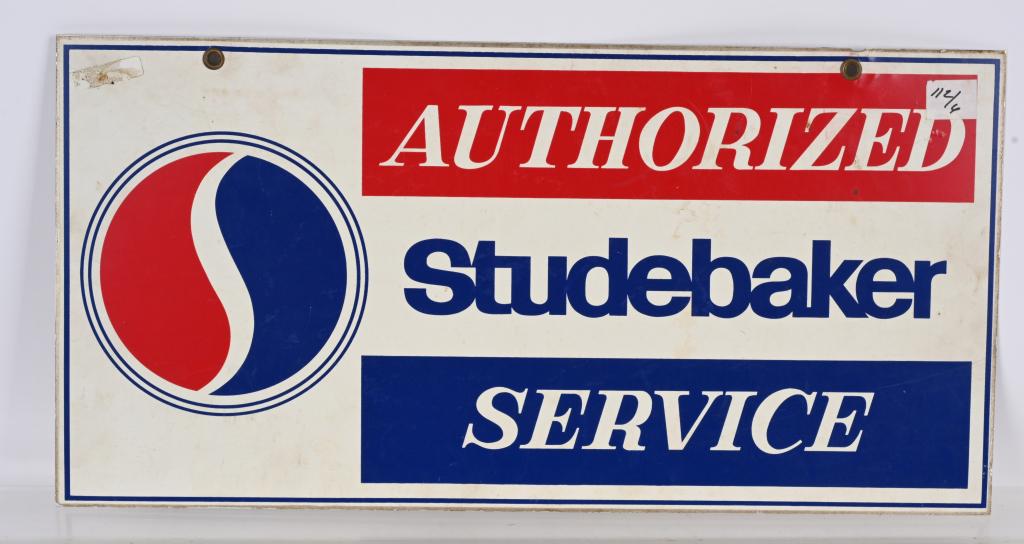 Studebaker Authorized Service w/Logo Metal Sign: SST with decal, has light wear, 12"x24", rated 8.5, age is unknown