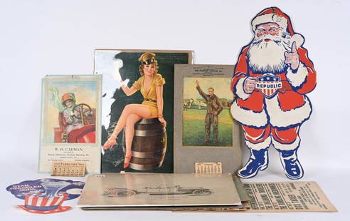 VINTAGE EPHEMERA LOT, CALENDARS and MORE: Lot includes 1913 Calendar with Lady In Auto, along with 1928 calendar with Charles Lindbergh. Also included are various advertising and other ephemera. Condition and sizes vary.