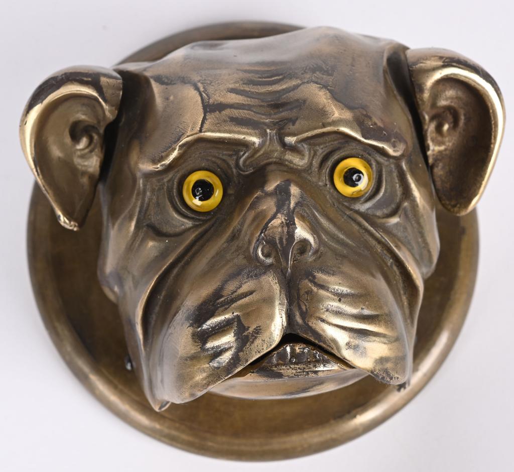CLOCKWORK BRASS BULLDOG BELL w/ GLASS EYES (1 of 5)