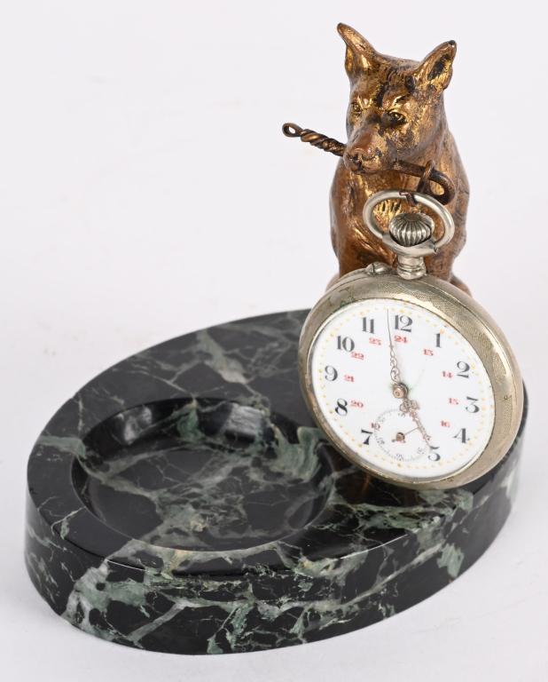 FIGURAL DOG ON MARBLE BASE POCKET WATCH HOLDER (1 of 5)