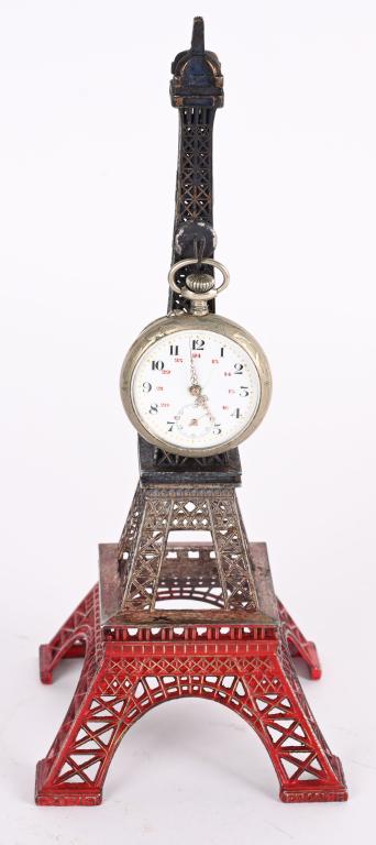 EIFFEL TOWER POCKET WATCH HOLDER: All original with very nice detail. Watch for display only. 10" Excellent