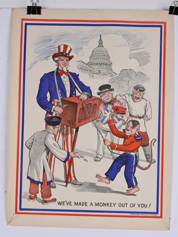 1943 WWII ANTI-AXIS UNCLE SAM & HITLER POSTER: Original poster dated 1943 by JH King. Shows Uncle Sam as Organ Grinder and Hitler as the Dancimg Monkey. 20"x15" Excellent