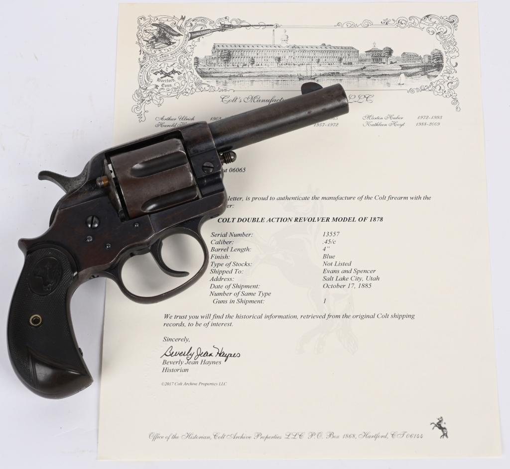UTAH SHIPPED COLT 1878 SHERIFF MODEL REVOLVER: SERIAL NUMBER 13557. BARREL 4". CALIBER 45 MANUFACTURED 1885. SHIPPED TO EVANS & SPENCER SALT LAKE CITY UTAH, OCT. 17, 1885. Salt Lake City was founded by Brigham Young in 1869 as a safe haven for the