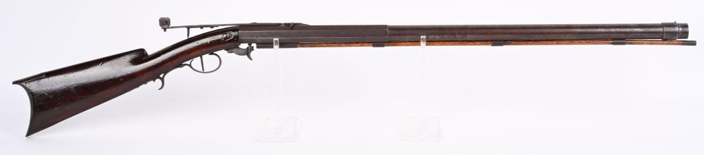 DAVID HILLIARD HEAVY BARREL UNDER HAMMER TARGET: BARREL 32 " . CALIBER 44. WEIGHT 12 LBS. HILLIARD built rifles in Cornish NH 1842-1877, specializing in under hammer rifles. This gun features an octagon to round barrel, under hammer percussion, heav