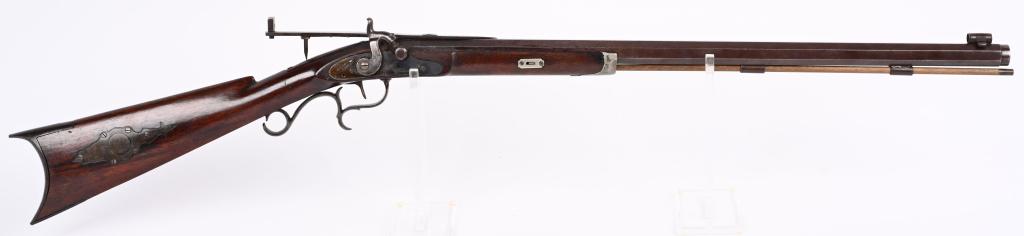 DAVID HILLIARD UNDER HAMMER TARGET RIFLE: BARREL 26" CALIBER HILLIARD built rifles in Cornish NH 1842-1877, specializing in under hammer rifles. This gun features a full octagon barrel, under hammer percussion, walnut stock, single trigger wi