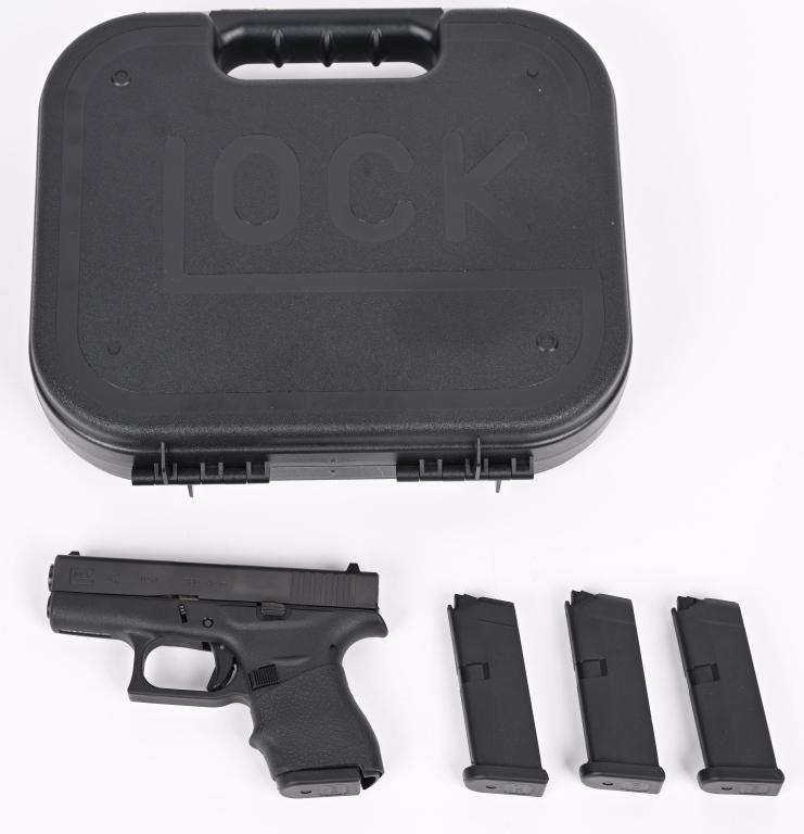 GLOCK MODEL 42 SEMI AUTO PISTOL: Serial Number ACWH682. BARREL 3". CALIBER 380. Alloy frame, matte finish, white framed sights, comes in case with 4 magazines. Condition. Near mint with light handling. Modern