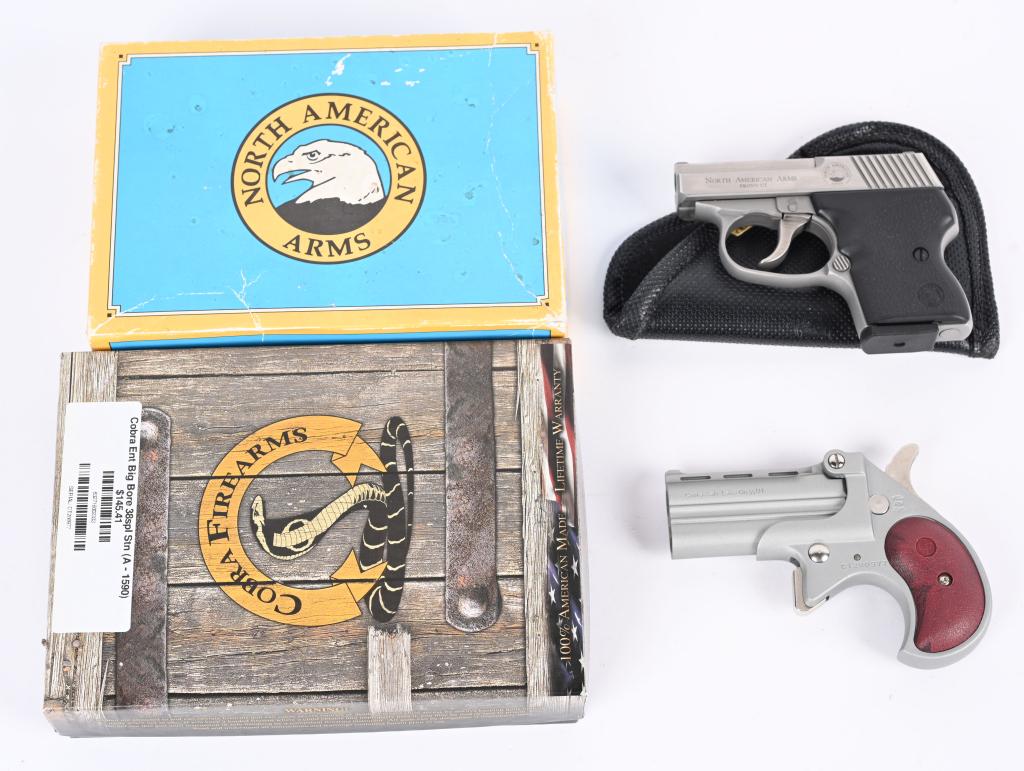 LOT OF 2: CB 38 DERRINGER AND NAA GUARDIAN: SERIAL NUMBER: A. CT200977. B. AA12942. BARREL: A. 3". B. 2-1/4". CALIBER: A. .38 SPECIAL. B. .32 ACP. MANUFACTURED: A. 2000's. B. 2000's. Cobra CB38 Derringer Modeled after the Remington Derringer. V
