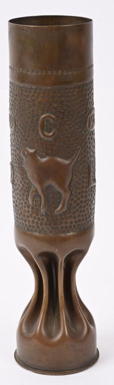 WW1 US ARMY 81ST DIVISION TRENCH ART SHELL W CAT: Stellar named WWI 81st Division Trench Art Shell measuring 13 1/4 inches tall with the Divisional insignia of the famed Black Cat surrounded by the initials O C L and the dates 1919 to each side. Th