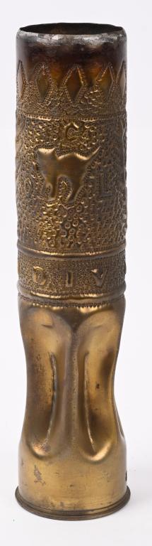 WW1 US ARMY 81ST DIVISION TRENCH ART SHELL W CAT: Stellar named WWI 81st Division Trench Art Shell measuring 13 1/4 inches tall with the Divisional insignia of the famed Black Cat surrounded by the initials O C L and 81st Div. The reverse has a s