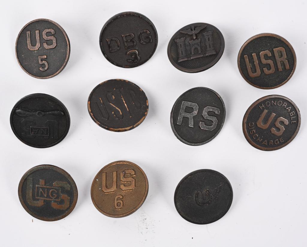 WWI US ARMY COLLAR DISK LOT AVIATION INFANTRY ENG: WWI US Army Collar Disk lot to include 1) USR US Reserves 2) US 5 3) US6 4) USNG United States National Guard 5) RS Recruiting Service 6) Farriers Horse Handlers 7) Aviat