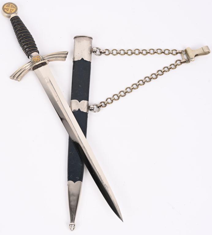 WWII NAZI GERMAN LUFTWAFFE FIRST PATTERN DAGGER: Early (circa 1936-1937) roughly 30.5cm long bright nickel/silver plated drop forged steel double edged stiletto style blade with a flat central plane. The blade shows light surface spotting through-ou