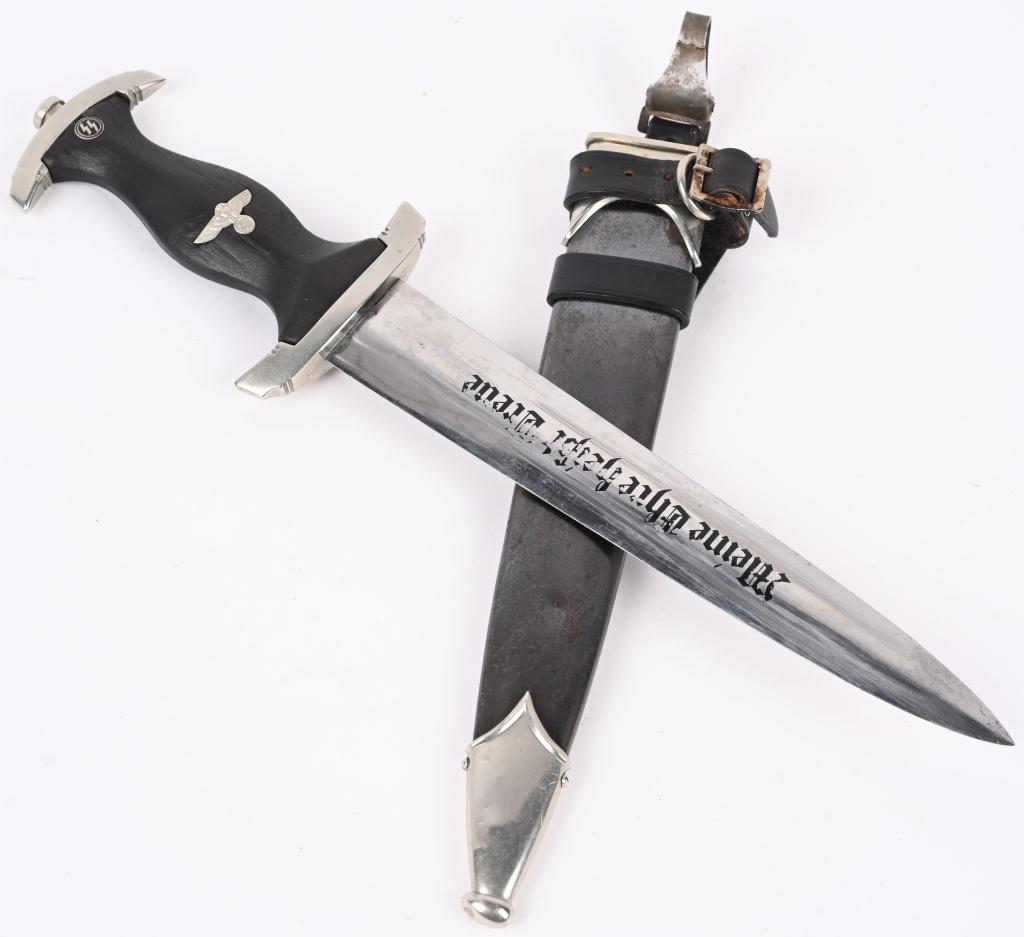 WWII NAZI GERMAN SS GROUND RÖHM DAGGER EICKHORN: M33 service dagger features a roughly, 8 5/8", (22 cm), long, double edged, nickel/silver plated, drop forged steel construction blade with a low central ridge and a full length, including the hilt, o