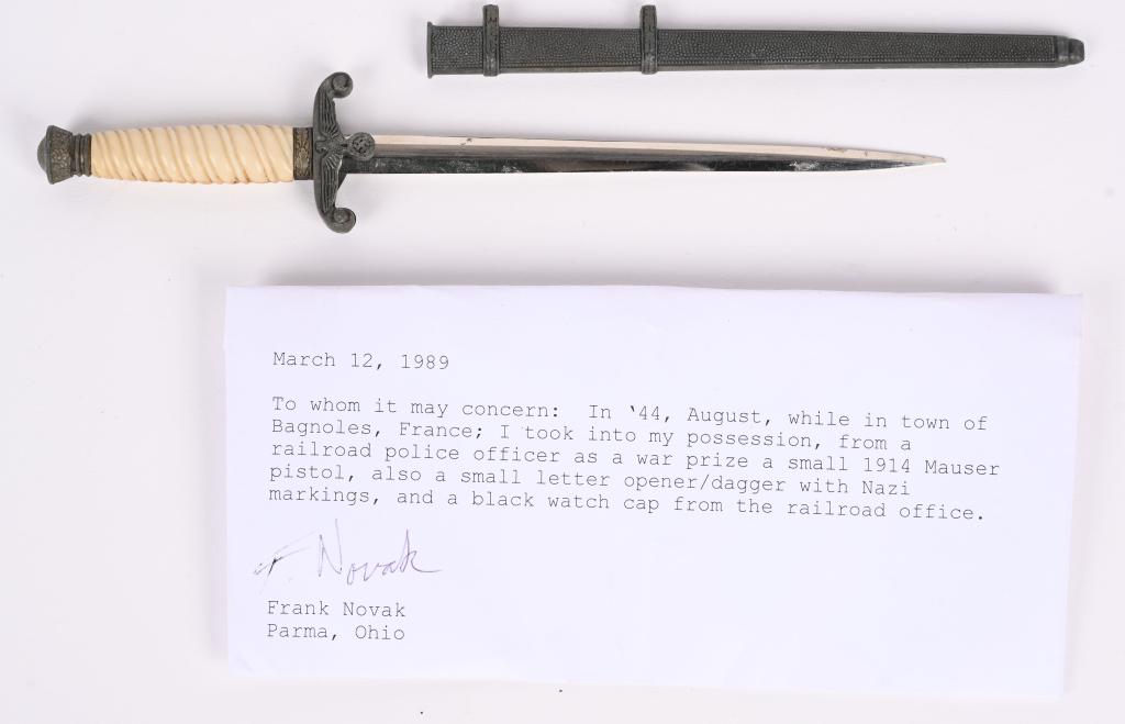 WWII NAZI GERMAN MINIATURE OFFICERS DAGGER WW2: Miniature Army Officer's Dagger measuring 7 3/4 inches overall. Excellent. Comes with letter from the Veteran from Parma Ohio explaining how he souvenired it from the War. Traditionally German Army O