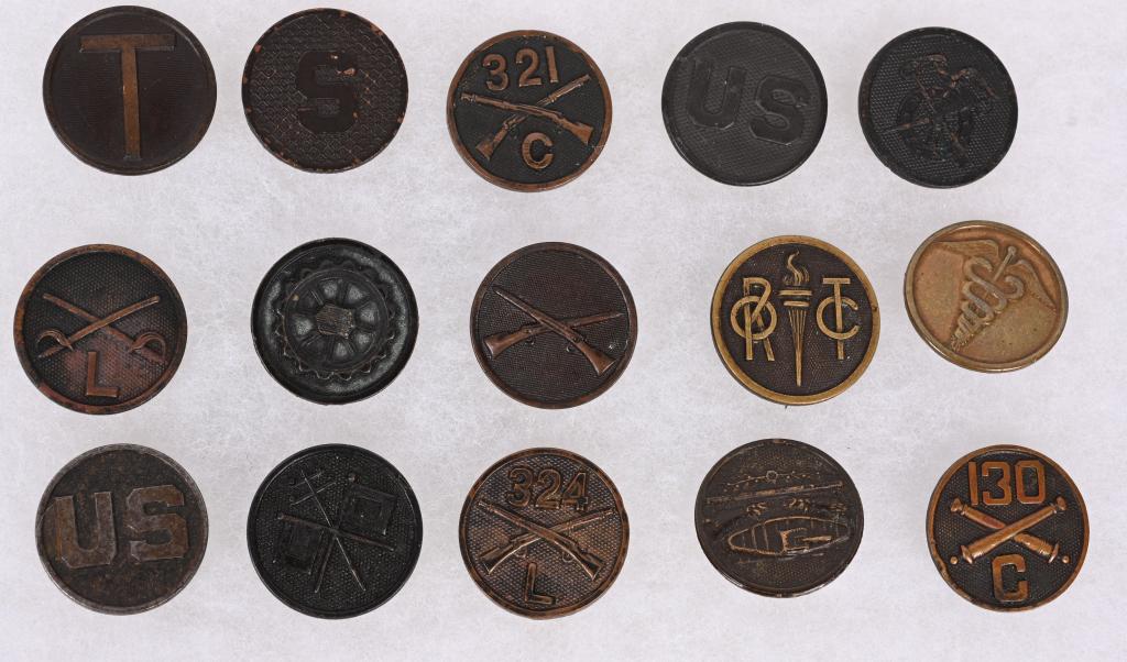 WW1 US ARMY COLLAR DISK 81ST DIV TANK CORPS MTC: WW1 lot of collar disk to include 1) S Supply 2) Cavalry L Company 3) 321st Infantry C company 4) Signal 5) 324th Infantry L Company 6) Tank Corps 7) MTC Motor Transport Company 8) Medical 9) US 10) T