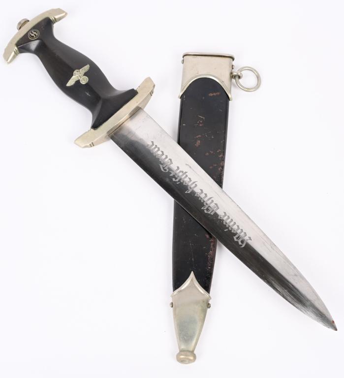 WWII NAZI GERMAN M33 WAFFEN SS DAGGER M7/14 WW2: Dagger features a roughly, 22cm long, double edged, drop forged steel construction, nickel/silver plated blade with a low central ridge. The nickel/silver plated blade shows sharpening and pitting. Th