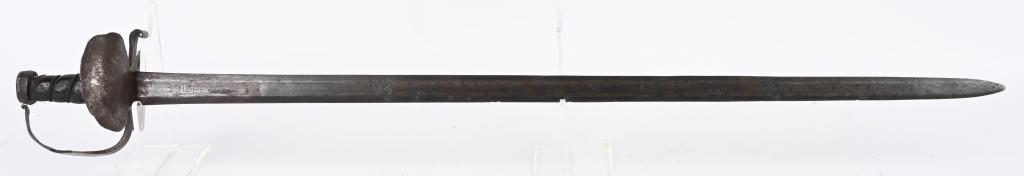 17th CENTURY GERMAN HEAVY CAVALRY SWORD ME FECIT: Early Germanic sword with a floral hilt measuring roughly 38 inches in total length with a double edged, 33 1//2 inch, beveled blade with the inscription "Me fecit Solingen" which means Solingen Made 
