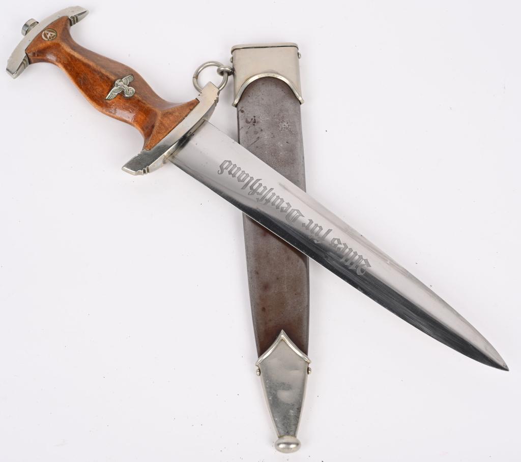 WWII NAZI GERMAN M33 SA DAGGER BY AUGUST BICKEL: Early nice quality dagger features a roughly 8 3/4" (22.2 cm), long double edged nickel/silver plated drop forged steel construction blade with a low central ridge and a full length including the hilt