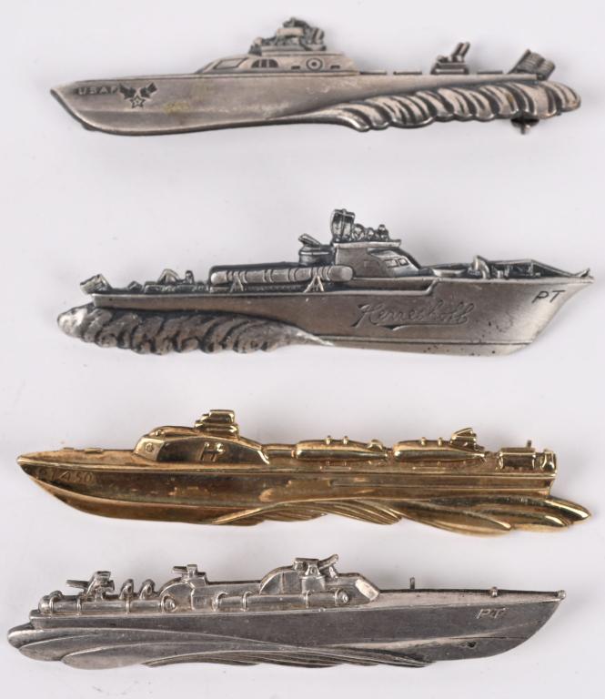 WWII U.S. NAVY PT BOAT BADGE LOT ELCO KERRSHOFF: Lot of PT Boat Badges to include 1) Elco Marked Sterling for enlisted personnel 2) Army Air Force Rescue Boat in Sterling 3) Kerreshoff PT Boat Badge in Sterling for Enlisted Personnel 4) PT450 Boat