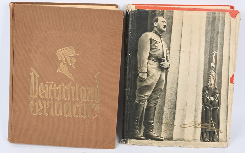 WWII NAZI GERMAN CIGARETTE PHOTO BOOK ADOLF HITLER: Lot of 2 cigarette card books lot to include 1) ADOLF HITLER CIGARETTE PHOTO ALBUM. This rare original pre-war edition, published by a cigarette company in 1936 in Hamburg, Germany, is a hard cover b