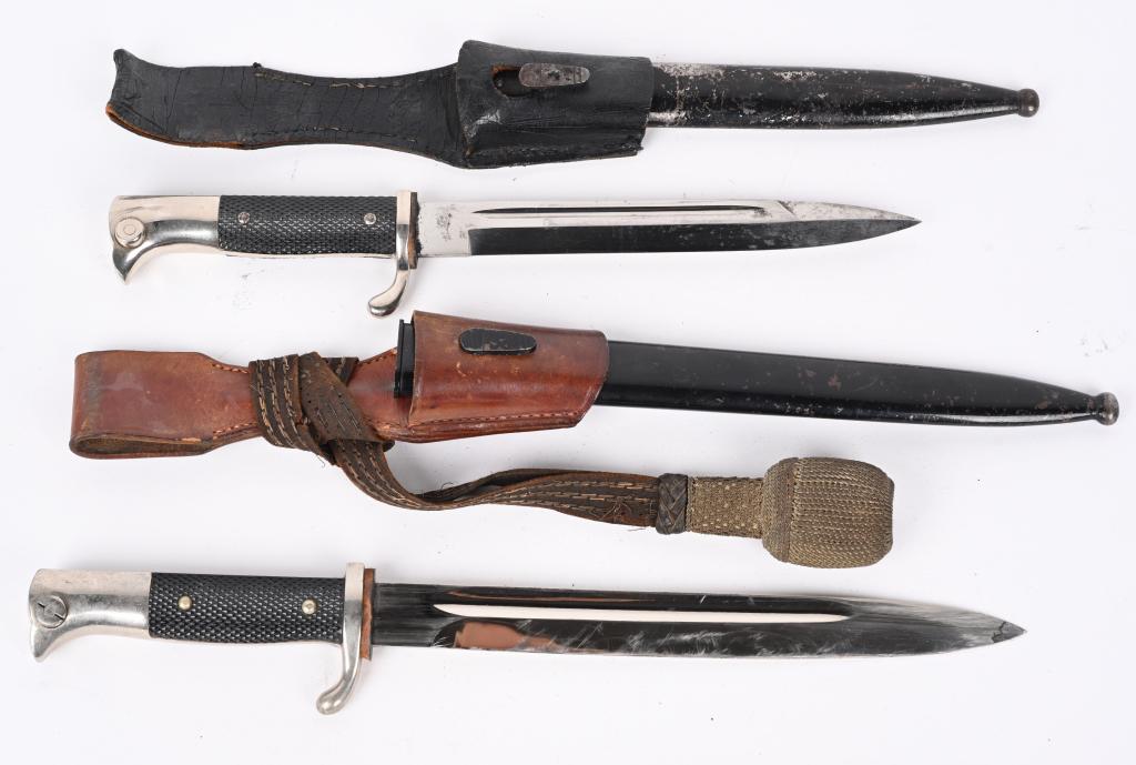 WWII NAZI GERMAN DRESS BAYONET LOT OF 2 WW2: WWII Nazi German Dress Bayonet lot to include 1) LUFTWAFFE EM/NCO'S DRESS BAYONET. Private purchase long model dress bayonet. 25cm long nickel/silver plated blade with wide fullers. Nice clean blade