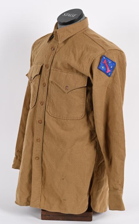 WWII USMC 1ST DIVISION SHIRT W THEATER MADE PATCH: WWII US Marine Corps 1st Division shirt with Chinese made silk 1st Division SSI. Shirt is roughly a size 15 and is in excellent condition. World War IIThe 1st Marine Division was activated aboard the 