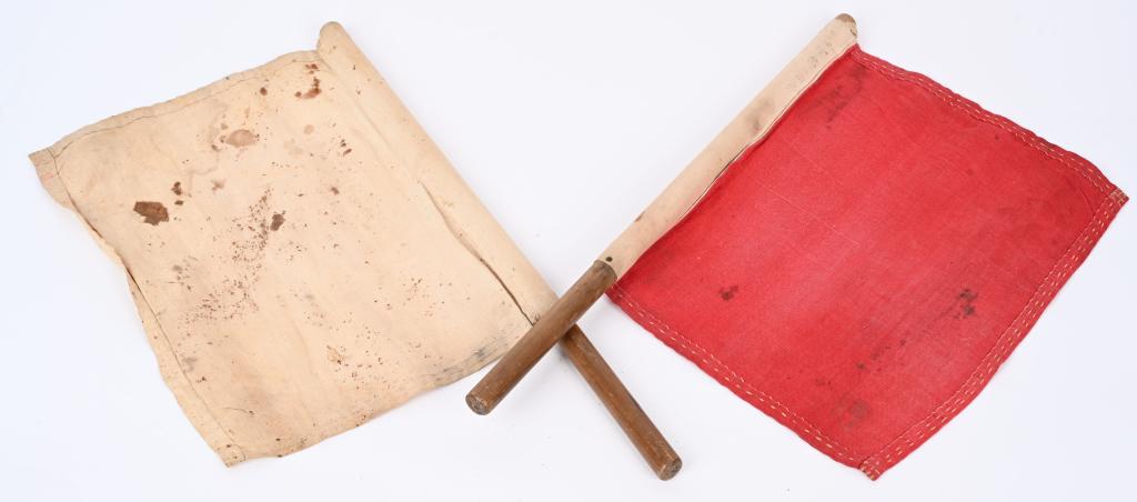 WWII IMPERIAL JAPANESE NAVY SEMAPHORE SIGNAL FLAGS: Manufactured in a lightweight cotton and wood, this is a VERY RARE set, not commonly seen on the market (though there are a few companies that make reproductions). Each flag remains in SOLID condition