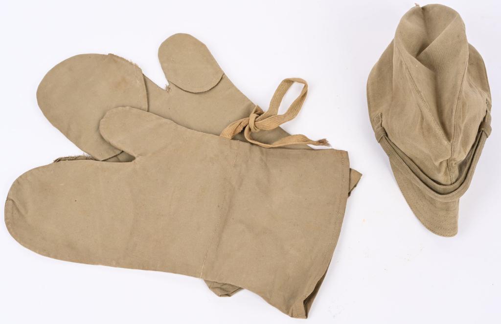 WWII JAPANESE FIELD GEAR LOT CAP & GLOVES WW2: WWII Japanese lot to include 1) (IJN) EM'S (GREEN) LATE MODEL SIDE CAP. Olive drab canvas construction cap as used by the Japanese navy. The doubled canvas chin strap, whose ends are sewn over each ea