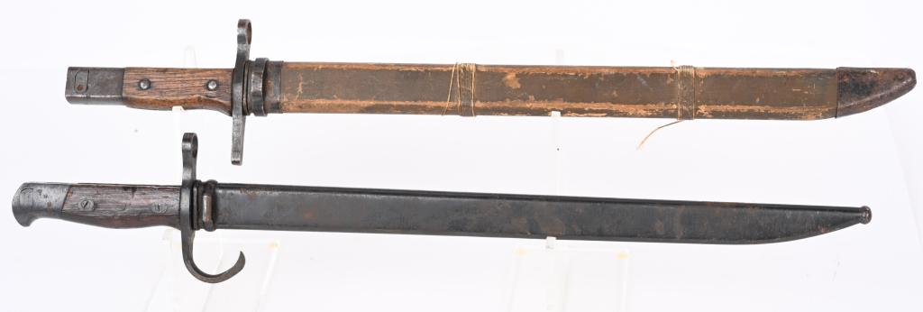 WWII JAPANESE INFANTRY TYPE 30 BAYONET LOT WW2: Lot of two Japanese bayonets to include 1) WWII JAPANESE INFANTRY TYPE 30 BAYONET W/ SCABBARD. Nice Japanese Type 30 bayonet with wood scabbard for an Arisaka rifle. This bayonet is variation "H" and 