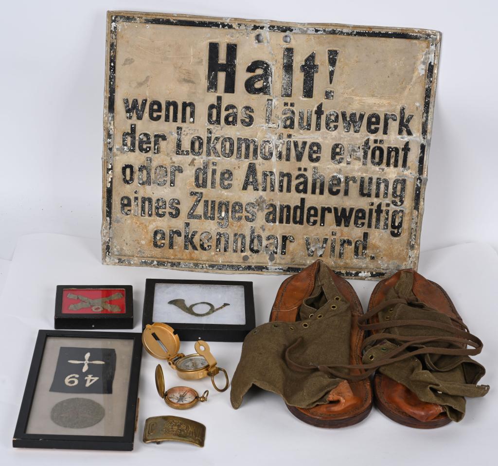 MILITARY LOT REICHSBANN SIGN CIVIL WAR INSIGNIA: Lot of militaria to include 1) WWII French Army JJ Chabrat Bordeaux Ice Boots. They measure 14 inches from heel to toe and are in great condition. 2) Post WWII US Folding Compass by Superior Magneto C