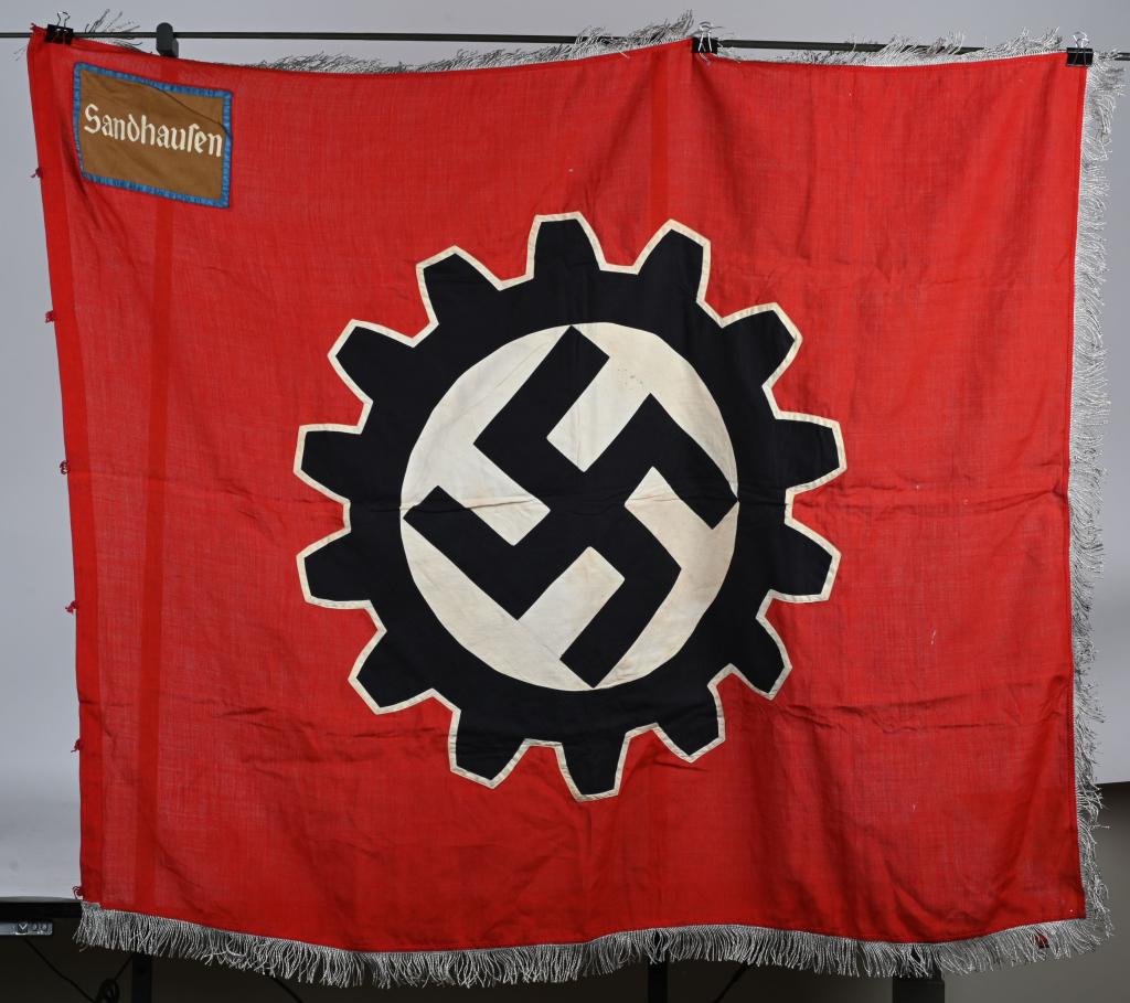 WWII NAZI GERMAN DAF SANDHAUSEN TOWN FLAG WW2: Two sided multi piece construction wool DAF flag for Sandhausen embroidered on wool panel with embroidery border. Three sided aluminum fringe is intact with no fringe missing. Flag measures 53.5" x 49