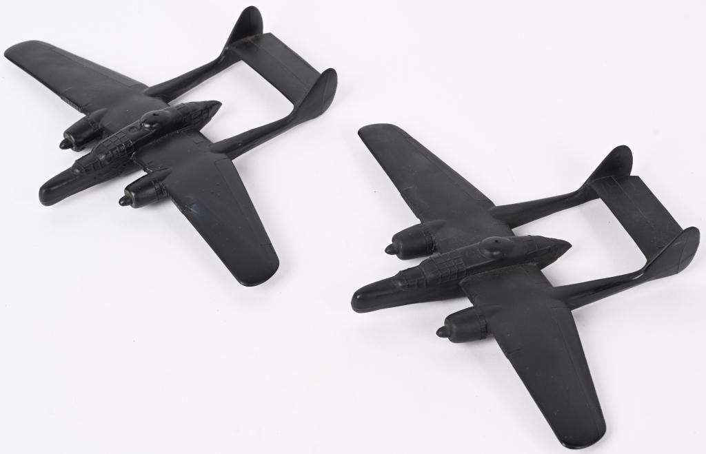 WWII US RECOGNITION MODEL PLANES P-61 LOT WW2: WWII US Army Air Corps Recognition Model lot of two, both are P-61 in excellent condition. Both are from the period of WWII and made of hard rubber. Excellent. Named for the North American spider Latr