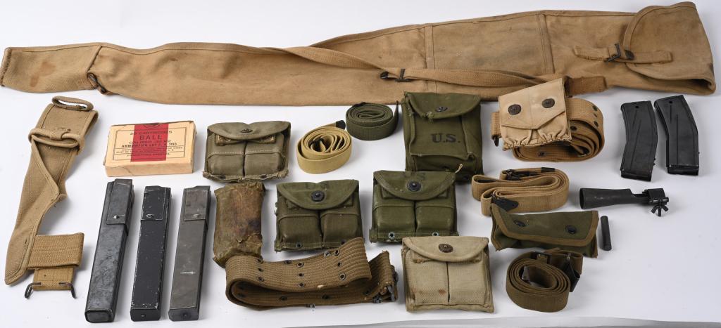 WW1 WWII KOREA FIELD GEAR LOT M1 CARBINE M1 GRAND: WWII US military lot to include 1) M3 Flash Suppressor 2) M1 Carbine Magazines with pouch. Magazines have surface rust 3) M1 Carbine 1952 dated pouch with magazines near mint 4) M1 Carbine 1952 dated 