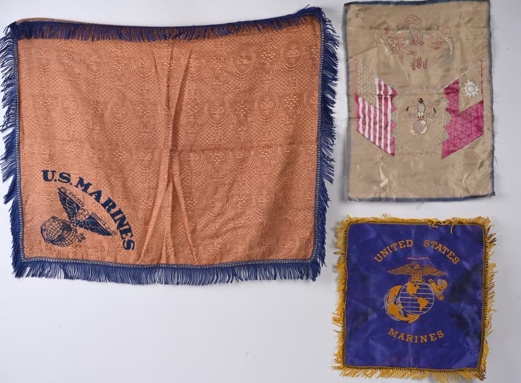 US MARINE CORPS PATRIOTIC EMBROIDERY CHINA MARINE: Lot of Marine Corps Patriotic items to include 1) Large Embroidery measuring 35 X 35 inches excluding trim. The beige trapsery with blue trim is in excellent condition and to one corner a large Eagle 