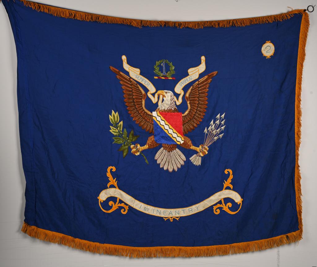RARE 1ST INFANTRY DIVISION REGIMENTAL SILK FLAG: US 1st Division Battalion Regimental Flag measuring 34 X 48 excluding the trim. Flag is completely embroidered. There is a Quartermasters tag on the inside of the fly but is difficult to read but the 
