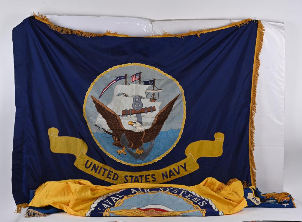 AMERICAN MILITARY FLAG LOT OF 10 AIR FORCE NAVY CG: Collection of American flags to include 1) US Naval Station Command flag that is fully embroidered measuring 5 X 6 feet and was made in 1970 having a hole to the top center and is fully embroidered. 2