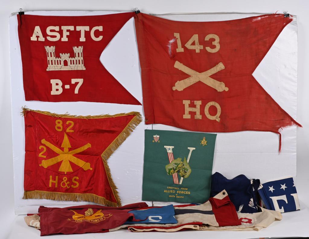 LARGE LOT OF US MILITARY FLAGS & AUSTRALIAN GUDION: Collection of flags and pennants to include 1) National Guard Pennant measuring 17 X 23 excluding fringe showing a Guardsman at the ready 2) Training Section Pennant on the Brigade Level of the Infant
