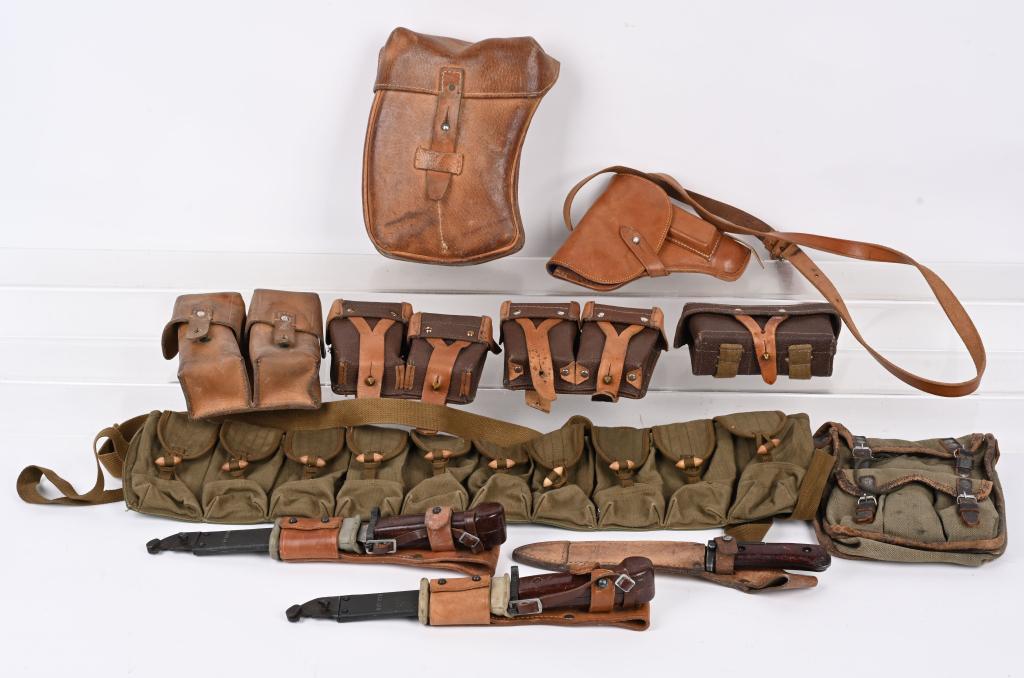 AK47 FIELD GEAR LOT POUCHES MAGAZINES HOLSTER: Military field gear lot to include 1) Two AK47 bayonets with sheaths 2) CZ VZ57 Bayonet with scabbard 3) Leather AK-47 Pouch with 4 Magazines 4) 10 Pouch Ammo Belt NVA North Vietnamese Army 5) Machine