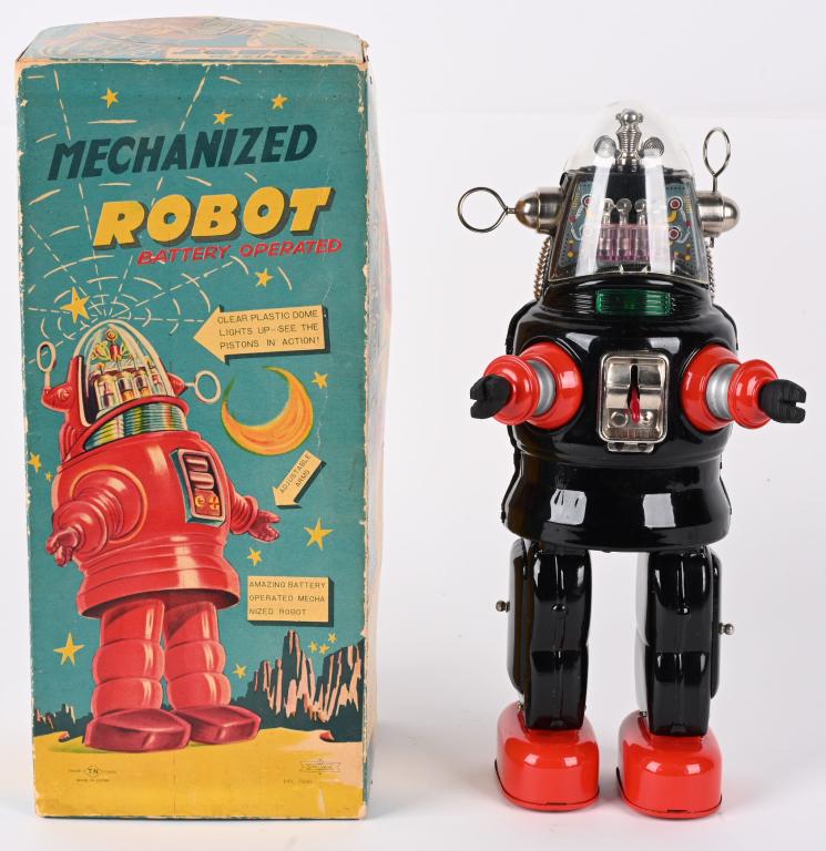 SHOWA BATTERY OP MECHANIZED ROBOT "ROBBY" w/ BOX: Showa battery operated Mechanized Robot "aka Robby" made in Japan. All original and complete. Very clean condition. Worked when tested. Comes with Box 13" Excellent