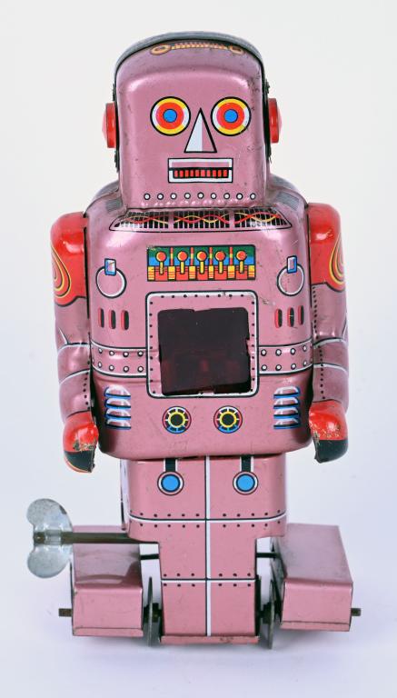 SY TIN WINDUP WALKING ROBOT w/ SPARK (PINK): SY tin windup Walking Robot with Spark. Made in Japan. Scarce Pink version. All original and works. 7" Excellent