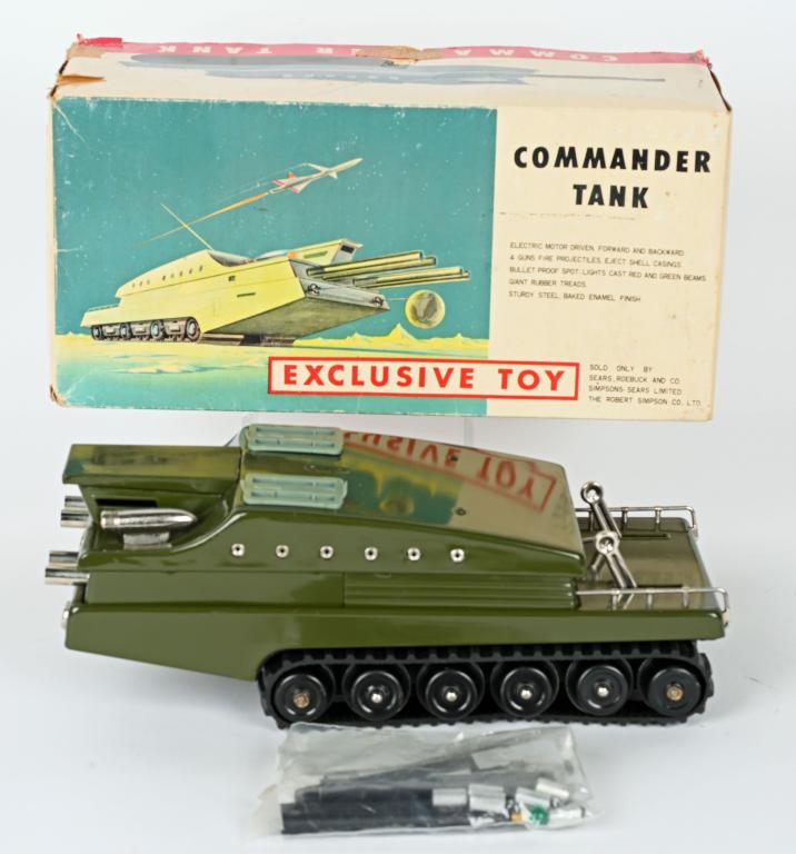 JAPAN BATTERY OP COMMANDER SPACE TANK w/ BOX: 1961 Sears Exclusive battery operated Commander Space Tank made in Japan. All original with great details. Comes with Cannon Barrels, Ammunition, Antennas, and more. Looks in great condition. Worked w