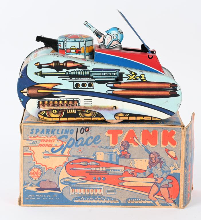 MARX TIN WINDUP REX MARS SPACE TANK w/ BOX: Marx tin windup Rex Mars Planet Patrol Space Tank. Nice colors and graphics. Windup works. Boxed 10" Excellent